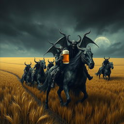 A group of demons riding through vast fields of barley, stopping to drink beer