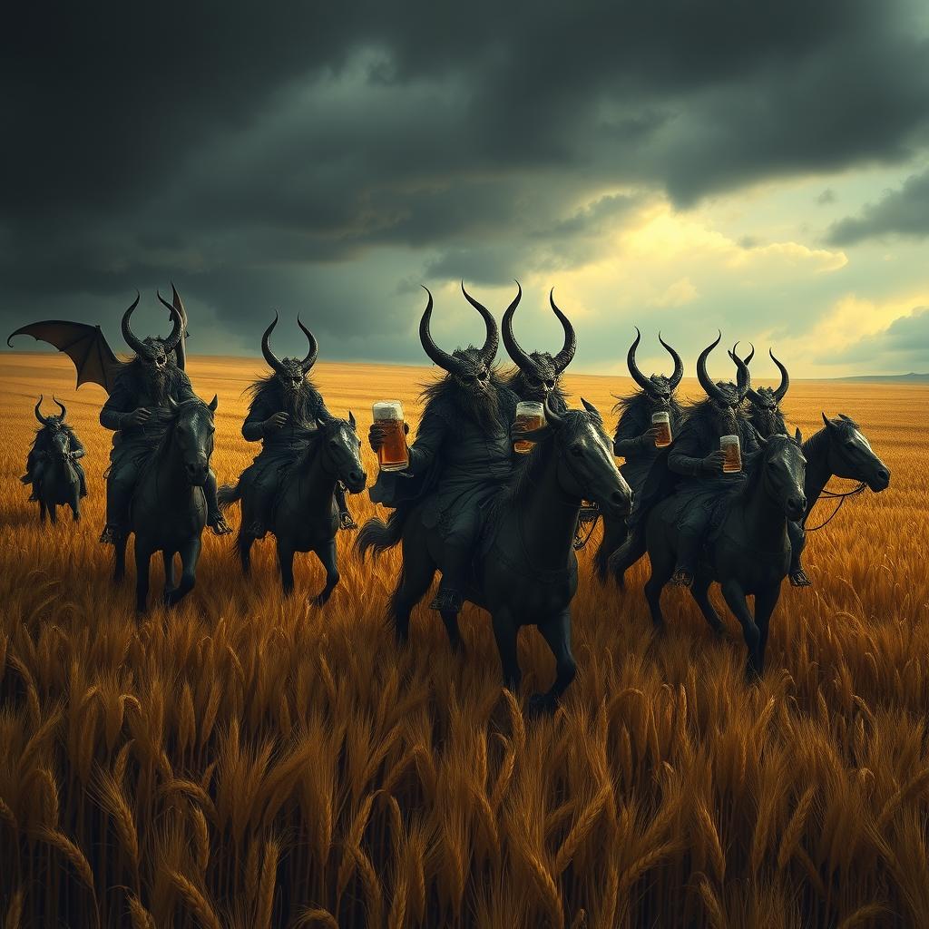 A group of demons riding through vast fields of barley, stopping to drink beer