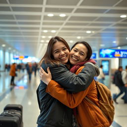 A heartwarming scene at the airport where two people meet for the first time