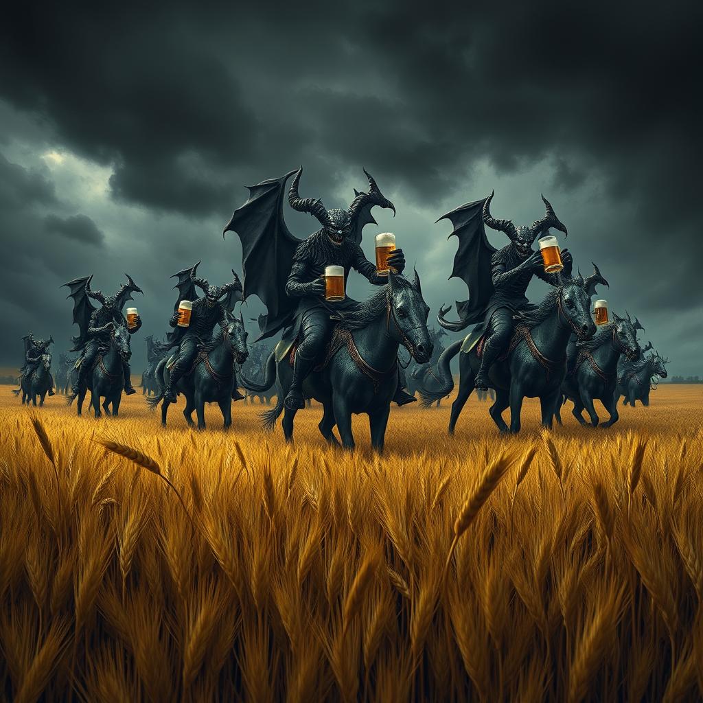 A group of demons riding through vast fields of barley, stopping to drink beer and engage in a great celebration