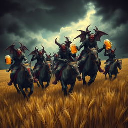 A group of demons riding through vast fields of barley, stopping to drink beer and engage in a great celebration