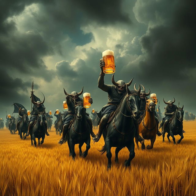 A group of demons riding through vast fields of barley, stopping to drink beer and engage in a great celebration