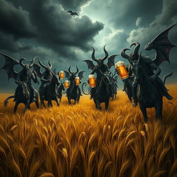 A group of demons riding through vast fields of barley, stopping to drink beer and engage in a great celebration