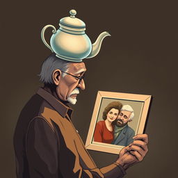 An old man standing and looking at a photo of his deceased wife with a sad expression