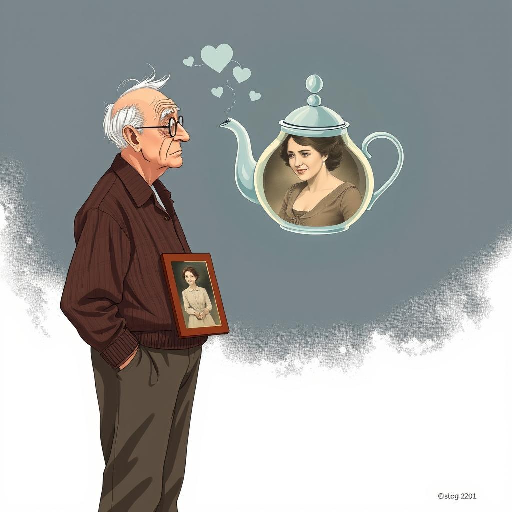 An old man standing and looking at a photo of his deceased wife with a sad expression