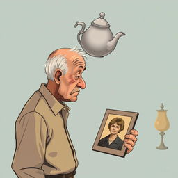 An old man standing and looking at a photo of his deceased wife with a sad expression