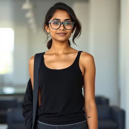 Create an image of a girl who is 5'2", wearing glasses, a black tank top, and Lululemon pants