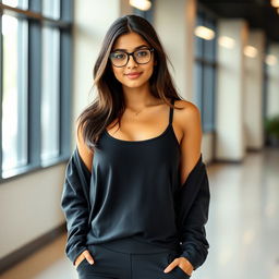 Create an image of a girl who is 5'2", wearing glasses, a black tank top, and Lululemon pants