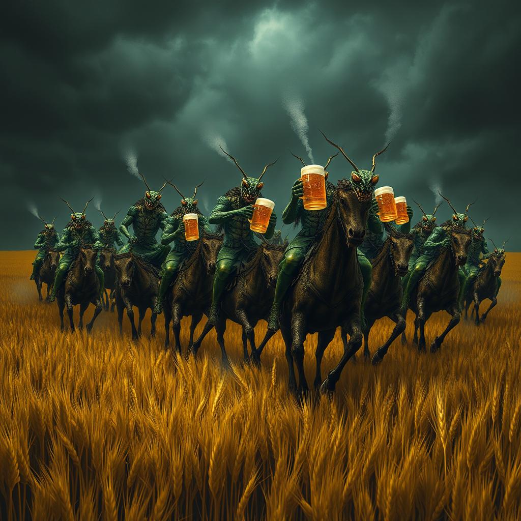 A group of grasshopper demons riding through vast fields of barley, stopping to drink beer and engage in a great celebration