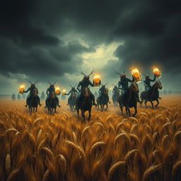 A group of grasshopper demons riding through vast fields of barley, stopping to drink beer and engage in a great celebration