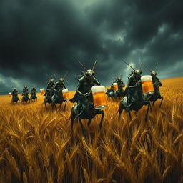 A group of grasshopper demons riding through vast fields of barley, stopping to drink beer and engage in a great celebration