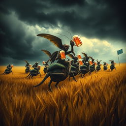 A group of grasshopper demons riding through vast fields of barley, stopping to drink beer and engage in a great celebration