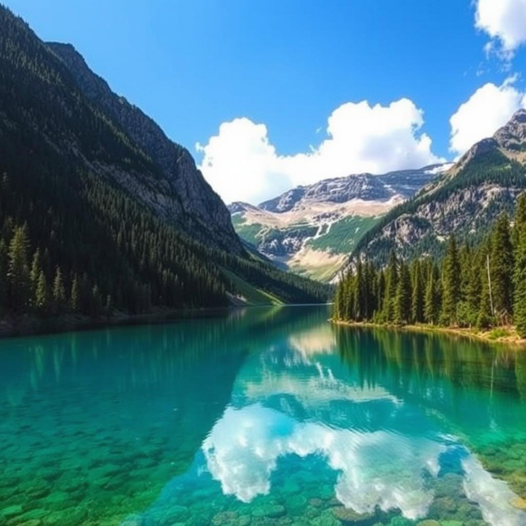 A serene landscape featuring a crystal-clear lake surrounded by lush green forests and majestic mountains in the background, with a bright blue sky and fluffy white clouds