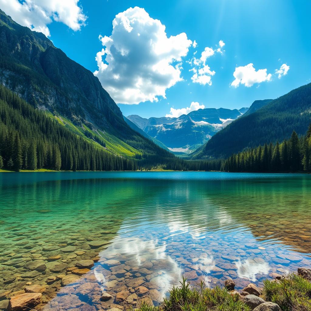 A serene landscape featuring a crystal-clear lake surrounded by lush green forests and majestic mountains in the background, with a bright blue sky and fluffy white clouds