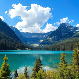 A serene landscape featuring a crystal-clear lake surrounded by lush green forests and majestic mountains in the background, with a bright blue sky and fluffy white clouds