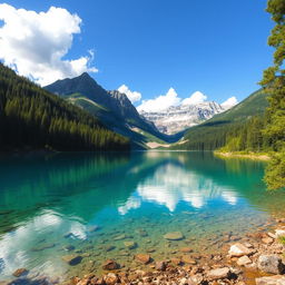 A serene landscape featuring a crystal-clear lake surrounded by lush green forests and majestic mountains in the background, with a bright blue sky and fluffy white clouds