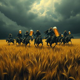 A group of grasshopper demons riding through vast fields of barley, stopping to drink beer and engage in a great celebration with Odin