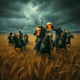 A group of grasshopper demons riding through vast fields of barley, stopping to drink beer and engage in a great celebration with Odin