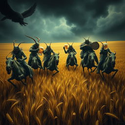 A group of grasshopper demons riding through vast fields of barley, stopping to drink beer and engage in a great celebration with Odin