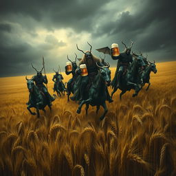 A group of grasshopper demons riding through vast fields of barley, stopping to drink beer and engage in a great celebration with Odin