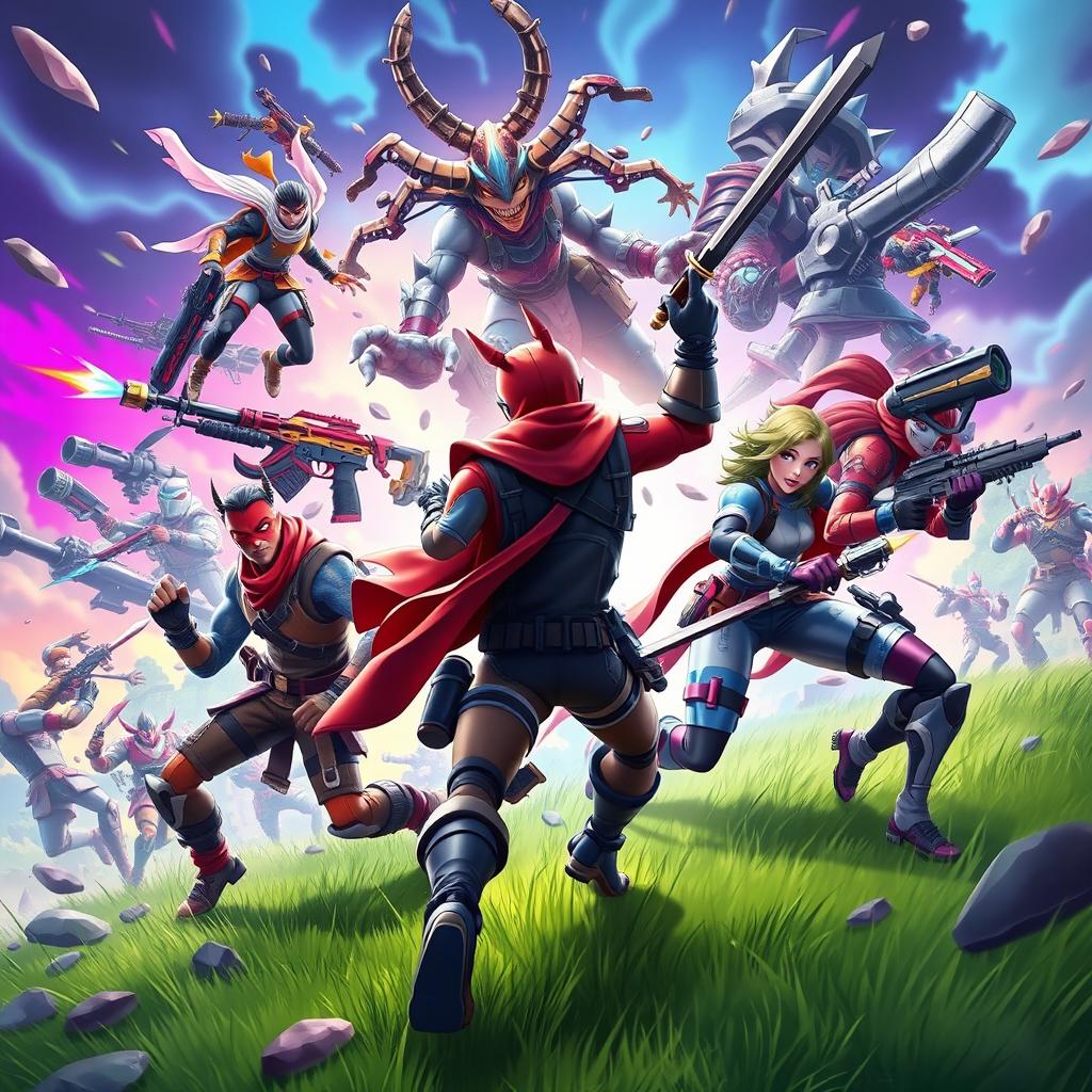 A dynamic and colorful scene featuring characters from Fortnite, engaging in an epic battle with vibrant backgrounds, showcasing their unique outfits and weapons in a highly detailed and action-packed environment