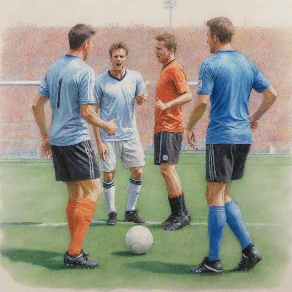 Recreate the energetic scene of footballers arguing with referees on a pristine soccer field as a vibrant pencil color sketch.