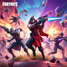 A dynamic and colorful scene featuring characters from Fortnite, engaging in an epic battle with vibrant backgrounds, showcasing their unique outfits and weapons in a highly detailed and action-packed environment