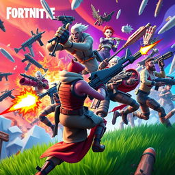 A dynamic and colorful scene featuring characters from Fortnite, engaging in an epic battle with vibrant backgrounds, showcasing their unique outfits and weapons in a highly detailed and action-packed environment