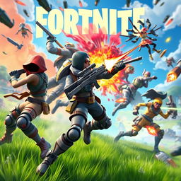 A dynamic and colorful scene featuring characters from Fortnite, engaging in an epic battle with vibrant backgrounds, showcasing their unique outfits and weapons in a highly detailed and action-packed environment