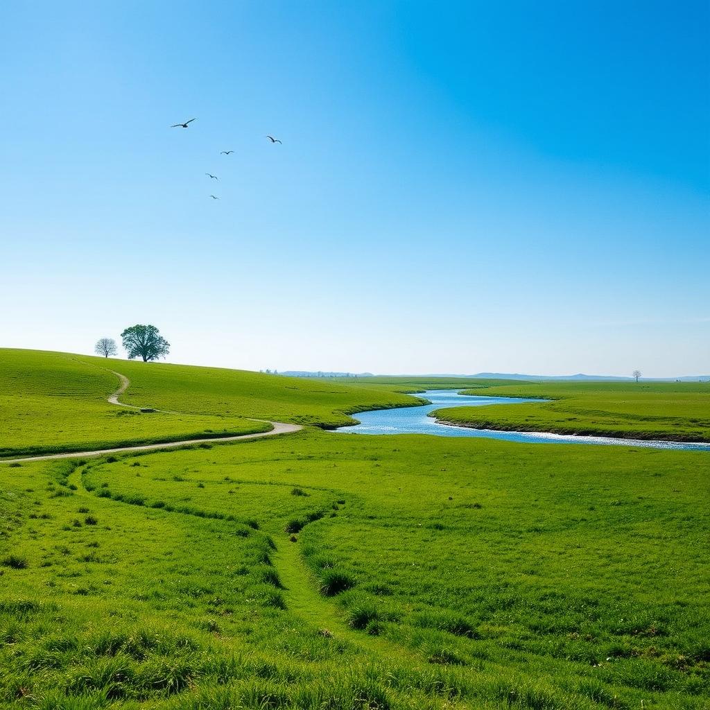 A serene landscape with a clear blue sky, lush green meadows, and a sparkling river flowing through