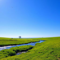 A serene landscape with a clear blue sky, lush green meadows, and a sparkling river flowing through