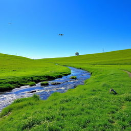 A serene landscape with a clear blue sky, lush green meadows, and a sparkling river flowing through