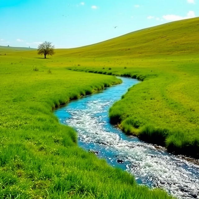 A serene landscape with a clear blue sky, lush green meadows, and a sparkling river flowing through