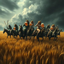 A group of grasshopper demons riding through vast fields of barley, stopping to drink beer and engage in a great celebration with Odin and nude women