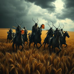 A group of grasshopper demons riding through vast fields of barley, stopping to drink beer and engage in a great celebration with Odin and nude women