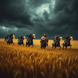 A group of grasshopper demons riding through vast fields of barley, stopping to drink beer and engage in a great celebration with Odin and nude women