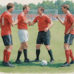 Recreate the energetic scene of footballers arguing with referees on a pristine soccer field as a vibrant pencil color sketch.