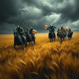 A group of grasshopper demons riding through vast fields of barley, stopping to drink beer and engage in a great celebration with Odin and nude women