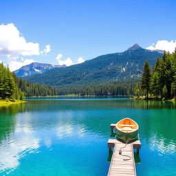 A serene landscape featuring a clear blue lake surrounded by lush green trees and mountains in the background