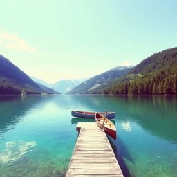 A serene landscape featuring a clear blue lake surrounded by lush green trees and mountains in the background