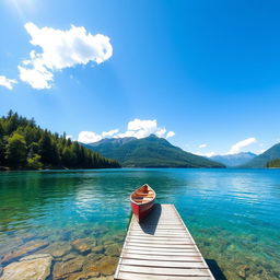 A serene landscape featuring a clear blue lake surrounded by lush green trees and mountains in the background