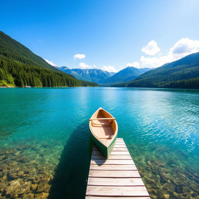 A serene landscape featuring a clear blue lake surrounded by lush green trees and mountains in the background