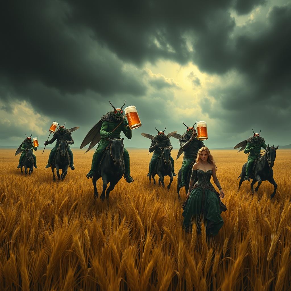 A group of grasshopper demons riding through vast fields of barley, stopping to drink beer and engage in a great celebration with Odin and beautiful women