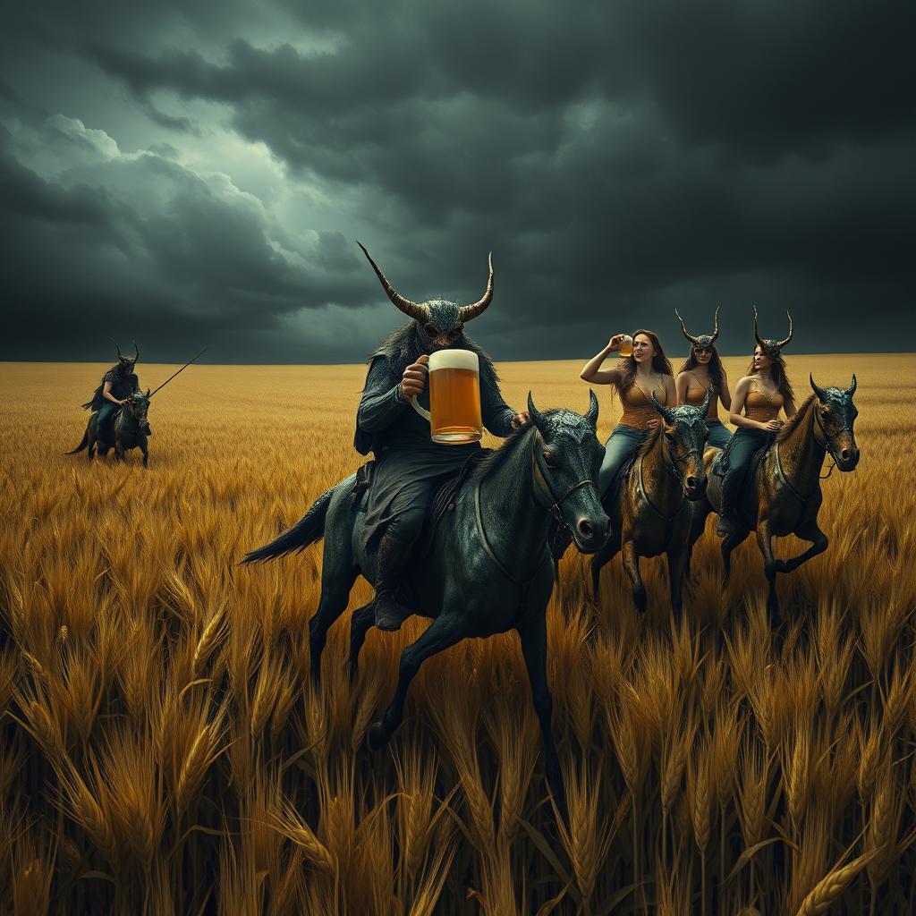 A group of grasshopper demons riding through vast fields of barley, stopping to drink beer and engage in a great celebration with Odin and beautiful women