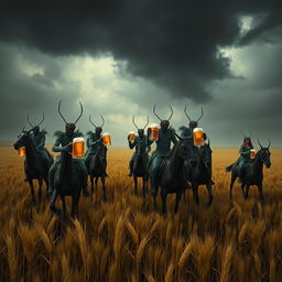 A group of grasshopper demons riding through vast fields of barley, stopping to drink beer and engage in a great celebration with Odin and beautiful women