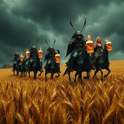 A group of grasshopper demons riding through vast fields of barley, stopping to drink beer and engage in a great celebration with Odin and beautiful women