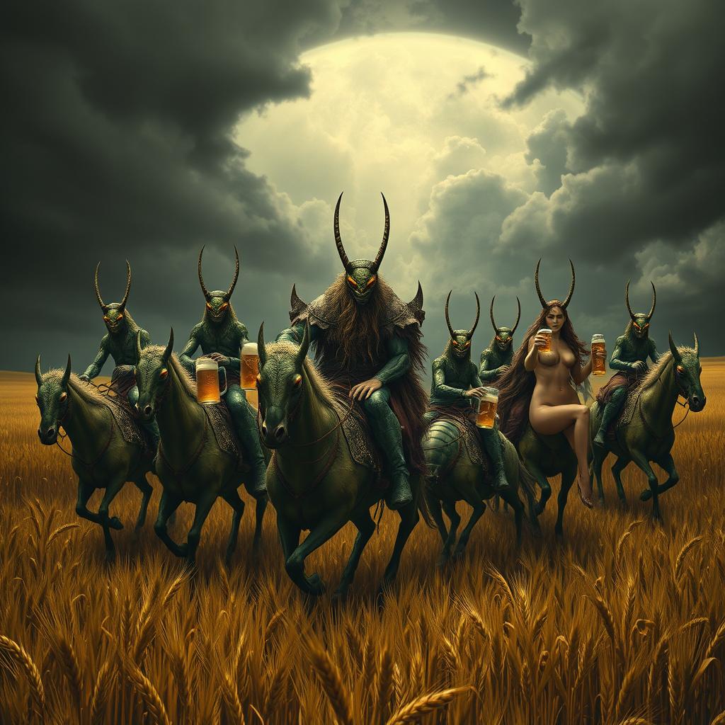 A group of grasshopper demons riding through vast fields of barley, stopping to drink beer and engage in a great celebration with Odin and seductive women