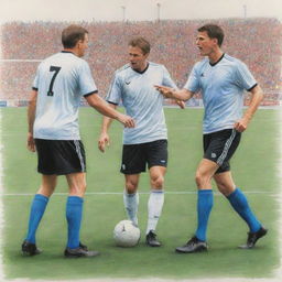 Recreate the energetic scene of footballers arguing with referees on a pristine soccer field as a vibrant pencil color sketch.