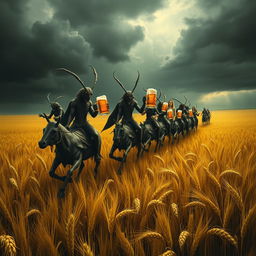 A group of grasshopper demons riding through vast fields of barley, stopping to drink beer and engage in a great celebration with Odin and seductive women