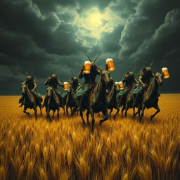 A group of grasshopper demons riding through vast fields of barley, stopping to drink beer and engage in a great celebration with Odin and seductive women